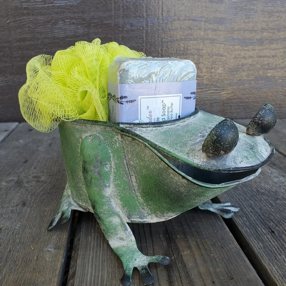 Distressed Green Metal Frog Bath Storage / Planter, Home Decor